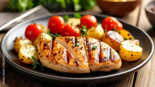 Grilled chicken breast with roasted potatoes and cherry tomatoes served on a dark plate, appetizing healthy balanced meal on wooden table