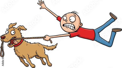 Funny cartoon man flying in air while being pulled by strong brown dog running fast with leash, cad drawing flat vector illustration.