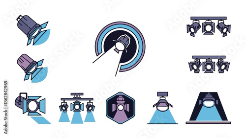 Collection of stage lights icons set.