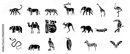 zoo animals birds and snakes icons set vector