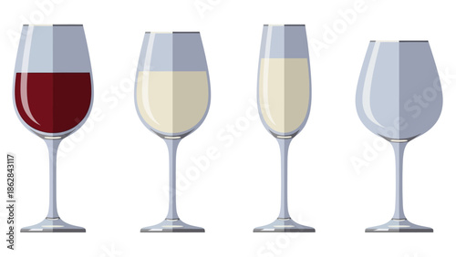 Four wine glasses with different contents.