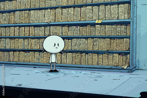 Surreal Character in an Abandoned Library Setting