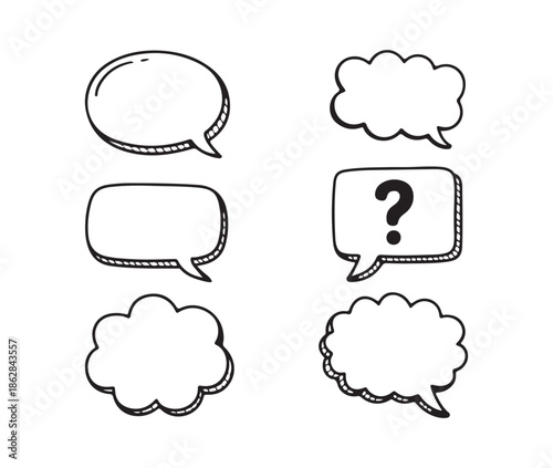Compact set of hand drawn communication bubbles including oval thought cloud shapes and question mark box vector