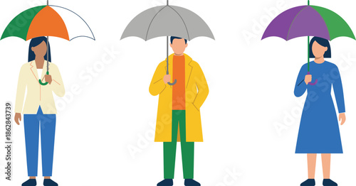 People holding umbrellas in rain flat vector illustration set, diverse man and women in autumn coats standing isolated on white background, seasonal weather.