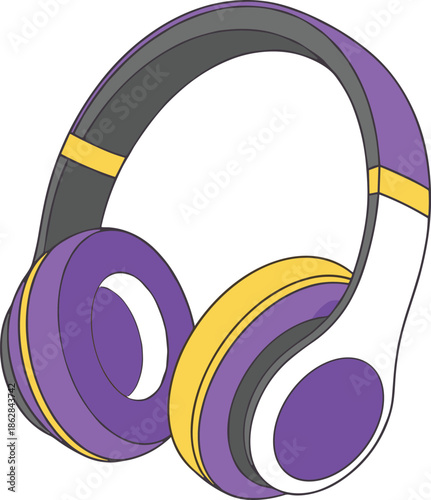 Modern Wireless Purple and Yellow Headphones Illustration for Music and Gaming Lifestyle, Audio Equipment Icon, CAD Drawing Flat Vector Illustration for Tech Design