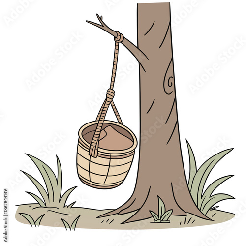 Earthen pitcher tied to tree trunk for sap collection 1