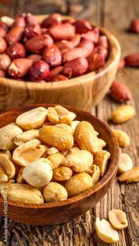 Two Bowls of Peanuts - Shelled and Unshelled on Wooden Surface.