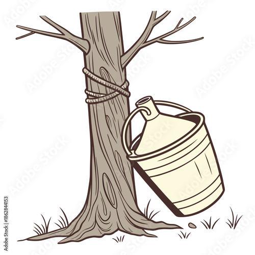 Earthen pitcher tied to tree trunk for sap collection
