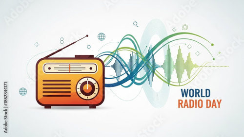 Vibrant orange vintage radio with colorful sound waves on white background celebrating world radio day with blue and orange text with communication