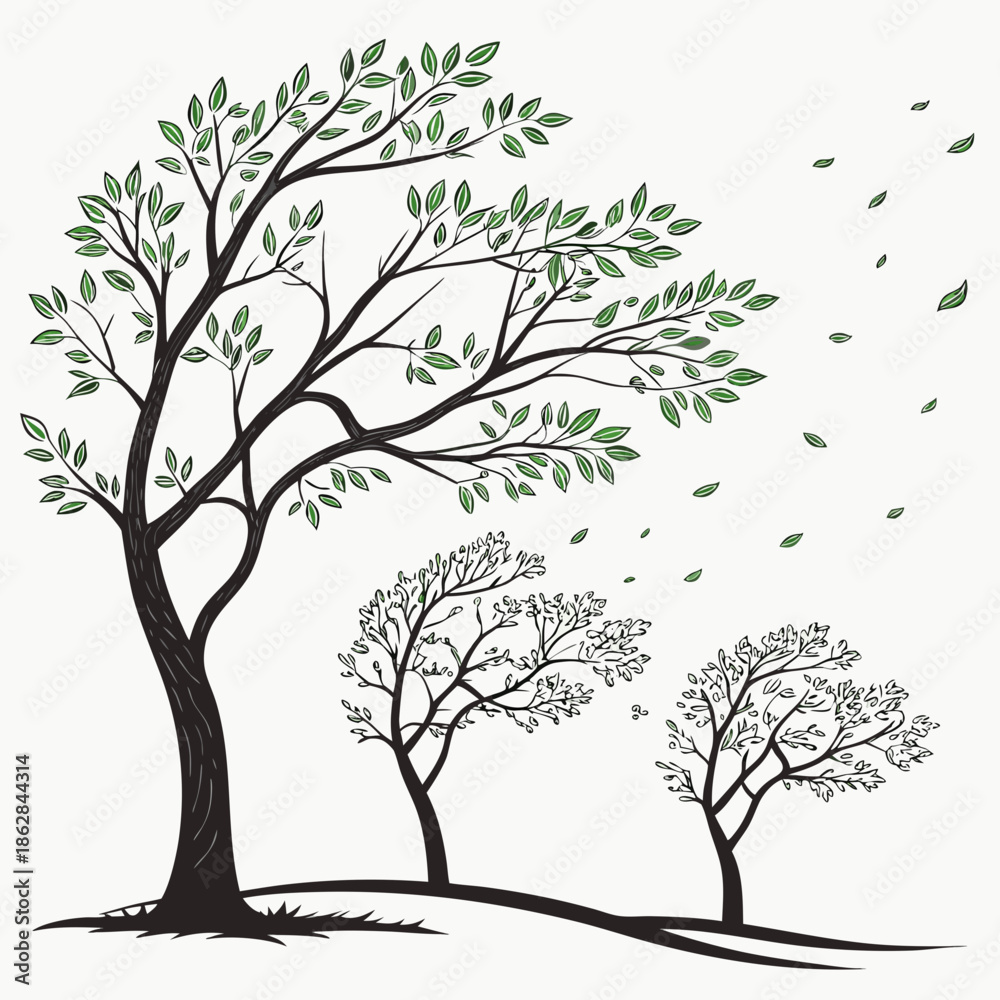 Obraz premium Trees with leaves blowing in the wind on white background