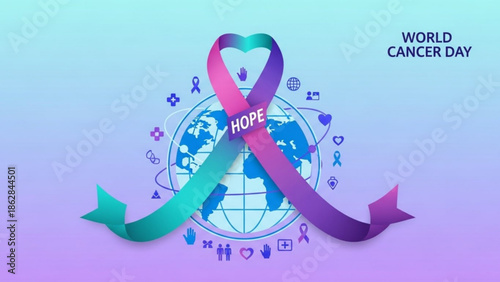 World cancer day awareness ribbon with globe and symbols of hope and support on purple background with cancer awareness and global health and cancer research