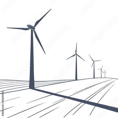 Wind turbine shadows on snowy field white background