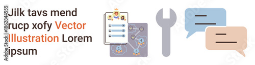 Team collaboration, project management, workflow analysis, communication, business tools, technology. Checklist, speech bubbles wrench interconnected elements. Team collaboration and workflow