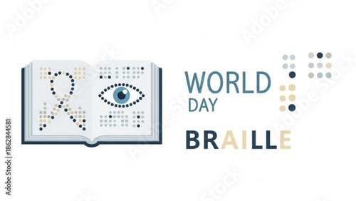 World braille day awareness graphic with eye and book in braille, symbolizing vision and literacy for the blind and visually impaired community