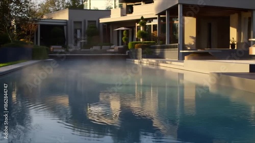 Wallpaper Mural luxury modern mansion exclusive neighborhood, golden hour sunlight reflecting glass walls swimming pool, cinematic drone sweeping landscaped gardens, interior elegant furnishings, ambient lights Torontodigital.ca