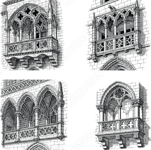 Hand drawn illustrations of European churches and cathedrals with famous landmarks and gothic architecture
