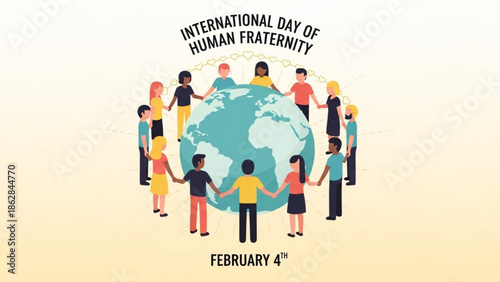 Diverse people holding hands around the globe on international day of human fraternity, february 4th, symbolizing unity and global togetherness