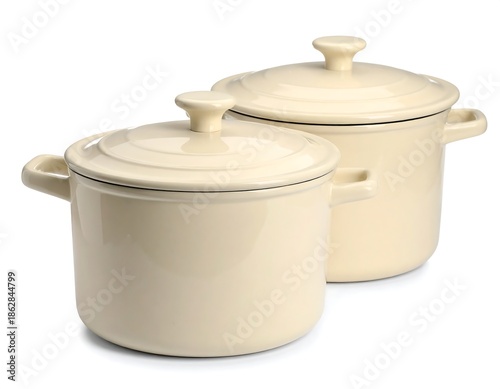 Two Cream-Colored Ceramic Casserole Dishes with Lids on a White Background.