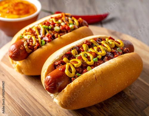 Two Delicious Chili Dogs with Mustard on a Wooden Board.