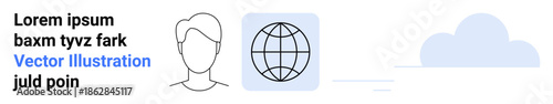 Global communication, online identity, networking platforms, technology services, international connections, digital media. Simple face outline, globe and cloud icons. Global communication