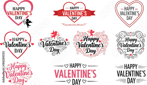 Valentine's Day vector badge collection featuring ten typographic designs with Cupid motifs heart accents and elegant filigree flourishes.