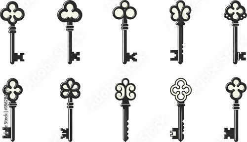 A comprehensive collection of vintage metal skeleton key silhouettes and antique door lock icons featuring rusty Victorian shapes for secure home design illustration vector