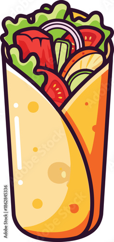 A vibrant cartoon illustration of a delicious, freshly prepared wrap or burrito, filled with crisp lettuce, ripe tomatoes, and sliced red onions, showcasing a healthy and appetizing meal.