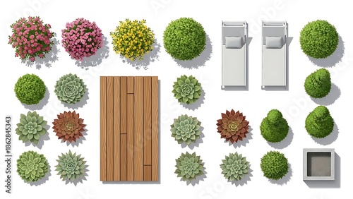 Garden top view with various plants and outdoor furniture isolated on white background