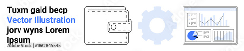 Wallet, gear, and analytics dashboard with graphs emphasize finance, technology, automation, innovation, data analysis, digital solutions. Ideal for fintech apps financial tools workflow simple