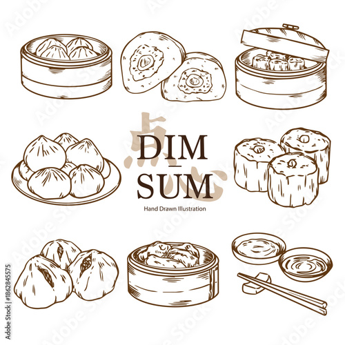 Set of hand drawn Chinese Dim Sum menu outline drawing food illustration
