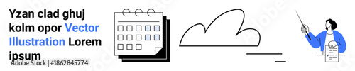Cloud computing, scheduling, data analysis, education, networking, business management. Minimalist digital art a calendar, cloud shape and person presenting. Cloud computing and scheduling
