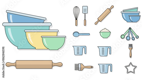 Baking tools and kitchen utensils collection.