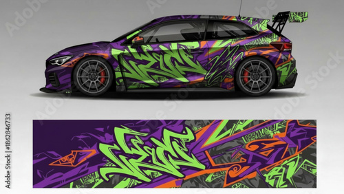 Custom car wrap design with vibrant graffiti art in neon green, purple, and orange colors.