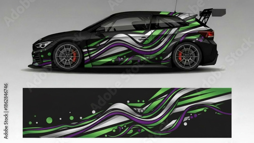 Black sports car with a vibrant green, purple, and silver abstract wave graphic wrap design, shown with the full decal strip below.