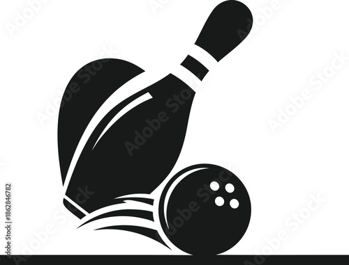 A vibrant cartoon illustration of a red bowling ball and white pins isolated on a white background, symbolizing a fun sport competition strike and leisure activity equipment