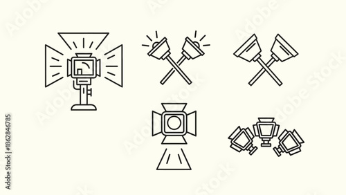 Collection of studio lighting equipment tools.