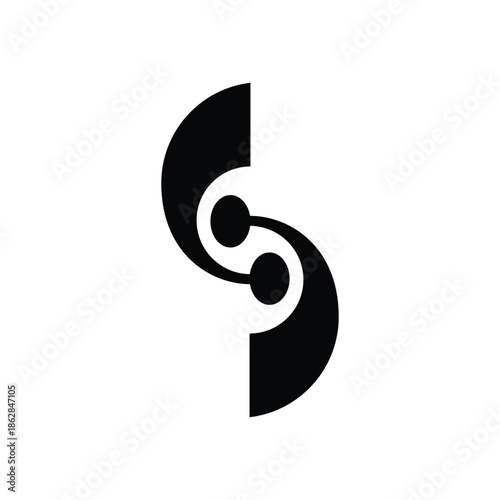 A stylized black musical clef symbol resembling a pair of eyes or a face.