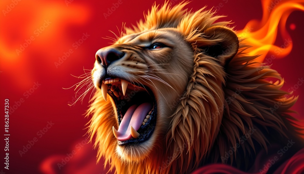 Naklejka premium Roaring Lion Against Fiery Background