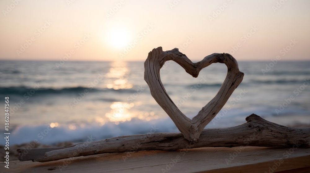 Fototapeta premium Romantic driftwood heart sculpture silhouetted against a glowing sunset with gentle waves on a peaceful beach shore, evoking love and serenity in warm colors
