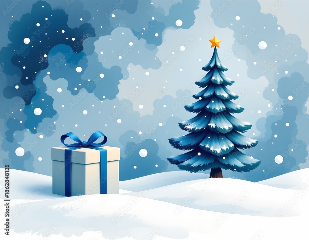 Obraz premium Serene Winter Scene with Conifer and Gift Watercolor Style