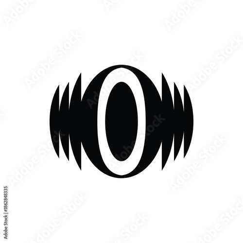 A black and white abstract graphic design featuring a stylized letter O with sound wave-like elements on either side.