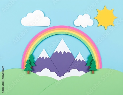 Whimsical Paper Craft Landscape with Rainbow Mountains and Sun