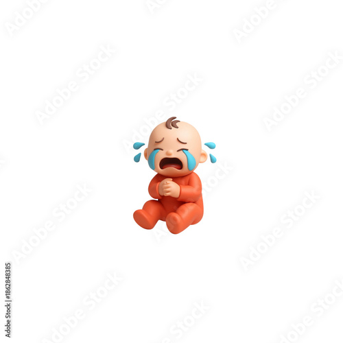Cute crying baby 3D character illustration, upset infant in orange pajamas shed large tears isolated on white background, 3D render of a sad toddler mascot for digital icons
