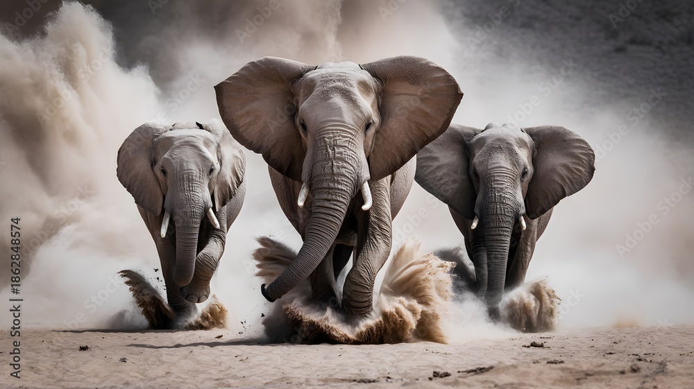 © ABUDARDA - Three elephants charging through dust in a savanna landscape © ABUDARDA - Three elephants charging through dust in a savanna landscape