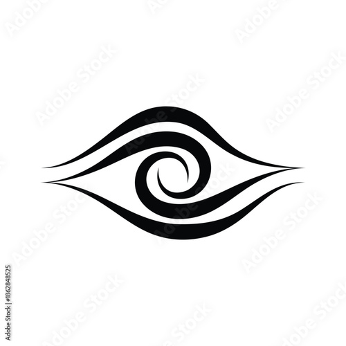 A stylized black tribal eye symbol with a swirling pupil and flowing lines.