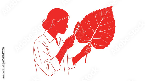 Scientist Examining Leaf in Monochromatic Red Illustration with Simple Lines for Educational Material