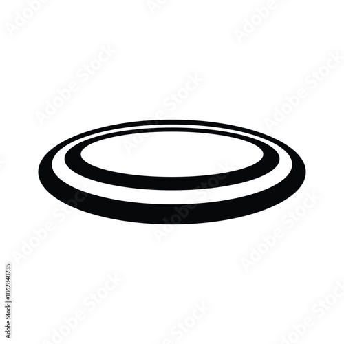 A minimalist black and white graphic illustration of a frisbee in motion, with concentric rings indicating movement.