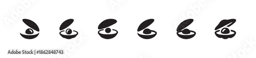 Set of pearl icons, simple black clam shells with round gem inside, isolated vector illustration