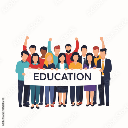 Diverse Group of Happy Students Holding Education Banner Vector Illustration. School and University Concept