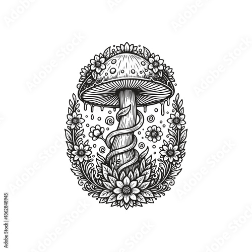 Fantasy magic mushroom illustration with floral wreath and vintage woodcut engraving style on white background